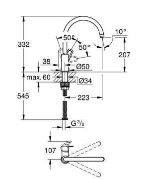 GROHE BAULOOP dřezová baterie, chrom 31368001 Technický nákres