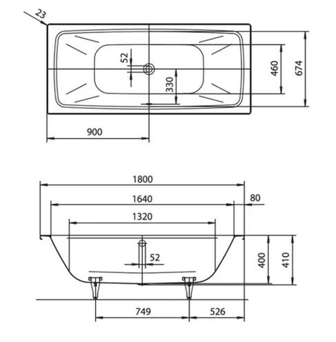 CONCEPT 100 DUO vana 180x80 cm, pro 2 osoby, bez nožiček, smaltovaná ocel 772515390001 Technický nákres