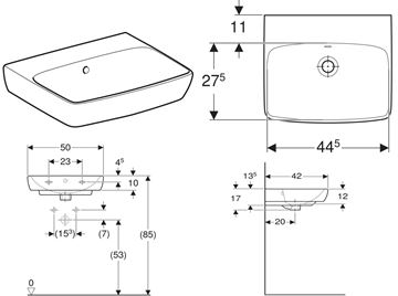 GEBERIT SELNOVA SQUARE umývátko 50 cm, s přepadem 500.301.01.7 Technický nákres