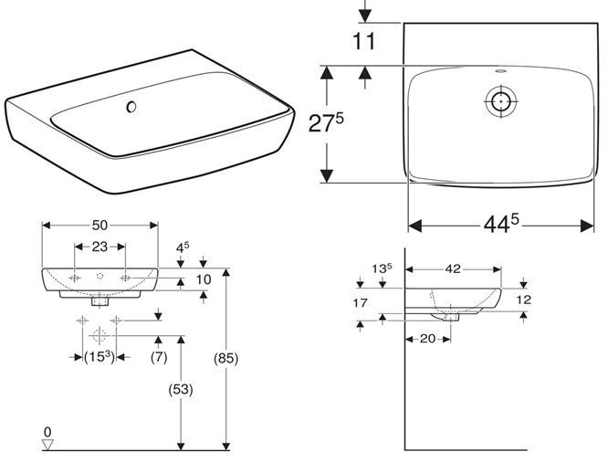 GEBERIT SELNOVA SQUARE umývátko 50 cm, s přepadem 500.301.01.7 Technický nákres