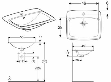 GEBERIT SELNOVA SQUARE umyvadlo 55 cm, s otvorem pro baterii a přepadem 500.306.01.1 Technický nákres