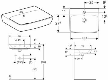 GEBERIT SELNOVA SQUARE umyvadlo 50 cm, s otvorem pro baterii a přepadem 500.310.01.7 Technický nákres