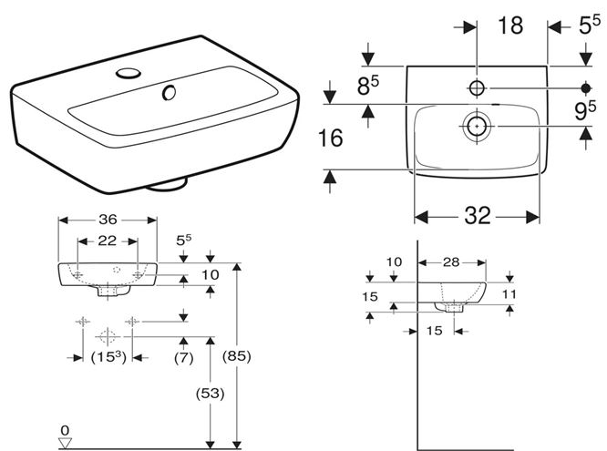GEBERIT SELNOVA SQUARE umývátko 36 cm, s otvorem pro baterii a přepadem 500.316.01.7 Technický nákres