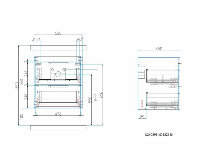 CONCEPT 150 skříňka pod umyvadlo 52x45x56 cm, 2 zásuvky, cafe 808112 Technický nákres