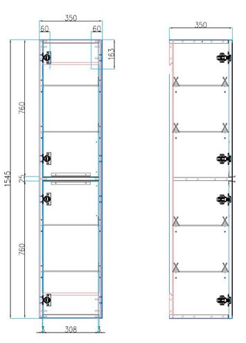 CONCEPT 150 vysoká skříňka 35x35x154,5 cm, 2 dvířka, lesklá bílá 808105 Technický nákres
