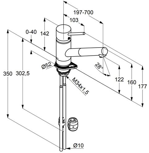 KLUDI SCOPE dřezová baterie, s vytahovací koncovkou, chrom 339310575 Technický nákres