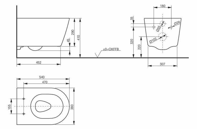 TOTO RP závěsné WC, se SoftClose sedátkem, Rimless splachování CW552RY+TC514G Technický nákres