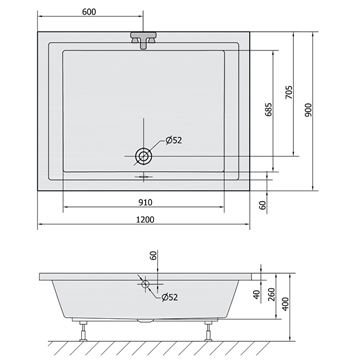 POLYSAN DEEP sprchová vanička 120x90 cm, akrylát, bez nožiček 72383 Technický nákres