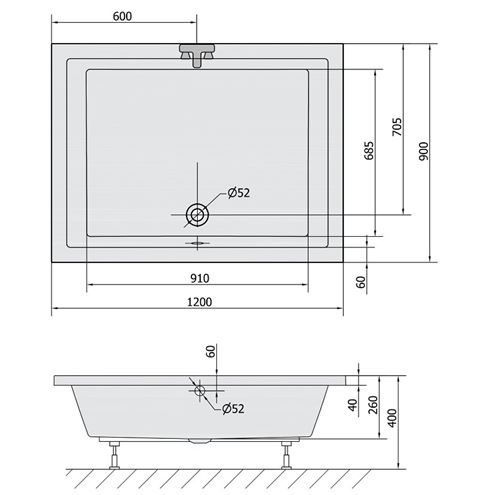 POLYSAN DEEP sprchová vanička 120x90 cm, akrylát, bez nožiček 72383 Technický nákres