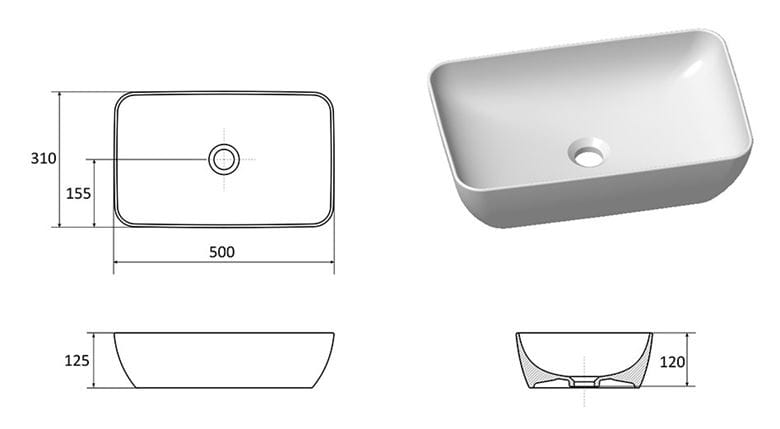 RAVAK UNI 500 R SLIM umyvadlo na desku 50 cm, bez přepadu XJX01150001 Technický nákres