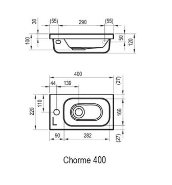 RAVAK CHROME umývátko 40 cm, s otvorem pro baterii vlevo, bez přepadu, litý mramor XJGL1100000 Technický nákres