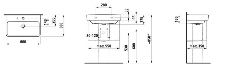 LAUFEN PRO S umyvadlo 60 cm, s otvorem pro baterii a přepadem H8189590001041 Technický nákres