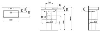 LAUFEN PRO S umyvadlo 60 cm, s otvorem pro baterii a přepadem H8189590001041 Technický nákres