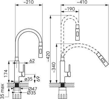 NOVASERVIS dřezová baterie, s flexi ramínkem a sprškou, béžová/chrom 70730,0BE Technický nákres