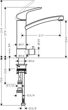 HANSGROHE FOCUS M41 dřezová baterie, s ventilem pro myčku, chrom 31803000 Technický nákres