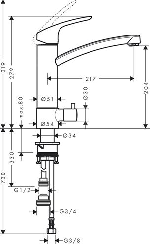 HANSGROHE FOCUS M41 dřezová baterie, s ventilem pro myčku, chrom 31803000 Technický nákres