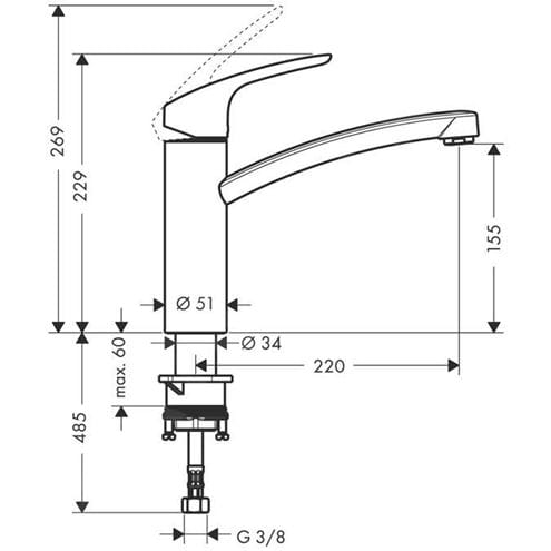 HANSGROHE FOCUS M41 dřezová baterie, nerez 31806800 Technický nákres
