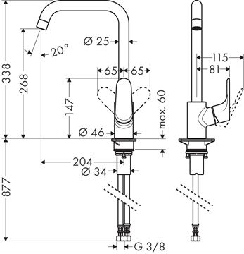 HANSGROHE FOCUS M41 dřezová baterie, chrom 31820000 Technický nákres
