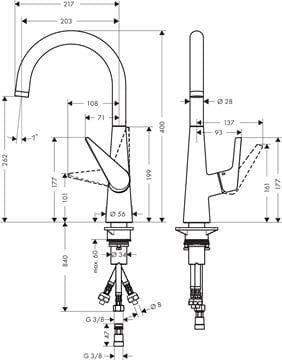 HANSGROHE TALIS M51 dřezová baterie, pro beztlakové ohřívače vody, chrom 72812000 Technický nákres