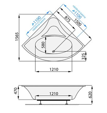 SANTECH SOLO rohová vana 150x150 cm, bez nožiček, akrylát SASOL150 Technický nákres