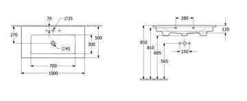 VILLEROY & BOCH VENTICELLO umyvadlo 100 cm, s přepadem 4104AJ01 Technický nákres
