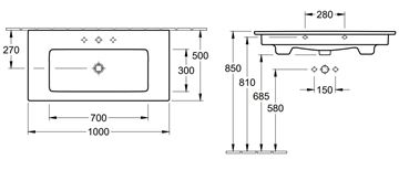VILLEROY & BOCH VENTICELLO umyvadlo 100 cm, s otvorem pro baterii a přepadem, CeramicPlus 4104ALR1 Technický nákres