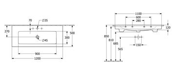 VILLEROY & BOCH VENTICELLO umyvadlo 120 cm, s otvorem pro baterii a přepadem 4104CL01 Technický nákres