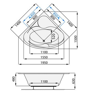 SANTECH OTAVA rohová vana 140x140 cm, bez nožiček, akrylát SAOTA140 Technický nákres