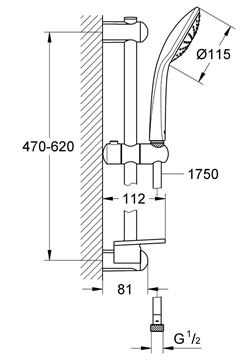 GROHE EUPHORIA 110 MONO sprchová souprava 4-dílná, ruční sprcha pr. 110 mm, tyč, hadice, polička, chrom 27267001 Technický nákres