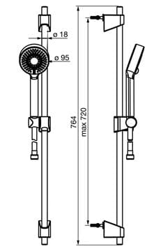 HANSA BASICJET sprchová souprava 3-dílná, ruční sprcha pr. 95 mm, 3 proudy, tyč, hadice, Eco, chrom 44780233 Technický nákres