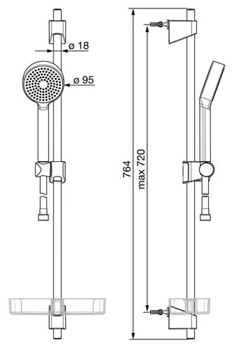 HANSA BASICJET sprchová souprava 4-dílná, ruční sprcha pr. 95 mm, tyč, hadice, mýdlenka, chrom 44780113 Technický nákres