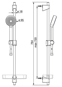 HANSA BASICJET sprchová souprava 4-dílná, ruční sprcha pr. 95 mm, tyč, hadice, mýdlenka, chrom 44780113 Technický nákres