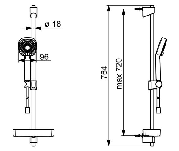 HANSA BASICJET sprchová souprava 4-dílná, ruční sprcha 96x96 mm, 3 proudy, tyč, hadice, mýdlenka, Eco, chrom 44770131 Technický nákres