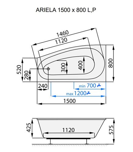 SANTECH ARIELA rohová vana 150x80 cm, bez nožiček, akrylát SAARI150P Technický nákres