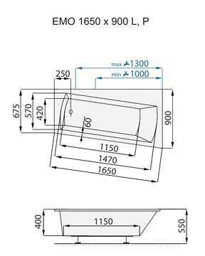 SANTECH EMO rohová vana 165x90 cm, bez nožiček, akrylát SAEMO165L Technický nákres