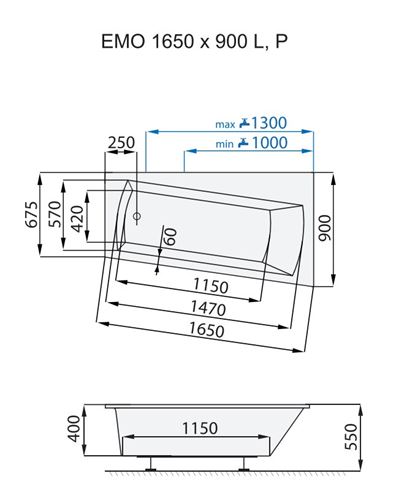 SANTECH EMO rohová vana 165x90 cm, bez nožiček, akrylát SAEMO165P Technický nákres