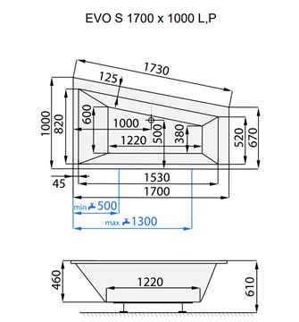 SANTECH EVO-S rohová vana 170x100 cm, bez nožiček, akrylát SAEVO170L Technický nákres
