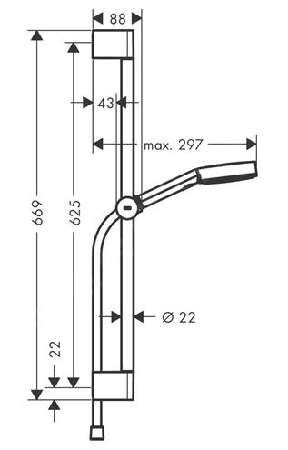 HANSGROHE PULSIFY SELECT S 3JET sprchová souprava 3-dílná, ruční sprcha pr. 105 mm, Relaxation 3 proudy, tyč, hadice, chrom 24160000 Technický nákres