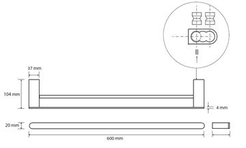 BEMETA GALLA držák ručníků 600 mm, dvojramenný, matná černá/coffee gold 108104050 Technický nákres