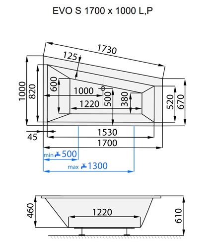 SANTECH EVO-S rohová vana 170x100 cm, bez nožiček, akrylát SAEVO170P Technický nákres