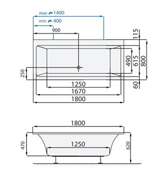 SANTECH EVO vana 180x80 cm, bez nožiček, akrylát SAEVO180 Technický nákres