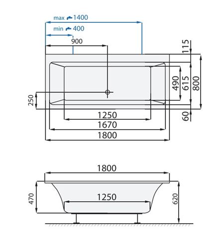 SANTECH EVO vana 180x80 cm, bez nožiček, akrylát SAEVO180 Technický nákres