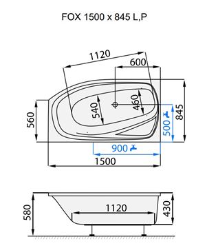 SANTECH FOX rohová vana 150x84,5 cm, bez nožiček, akrylát SAFOX150L Technický nákres