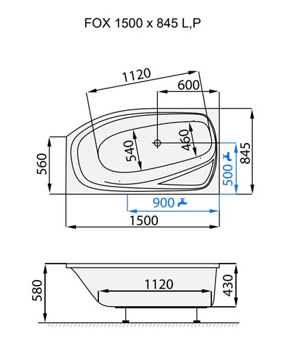 SANTECH FOX rohová vana 150x84,5 cm, bez nožiček, akrylát SAFOX150P Technický nákres
