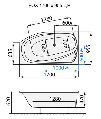 SANTECH FOX rohová vana 170x95,5 cm, bez nožiček, akrylát SAFOX170L Technický nákres