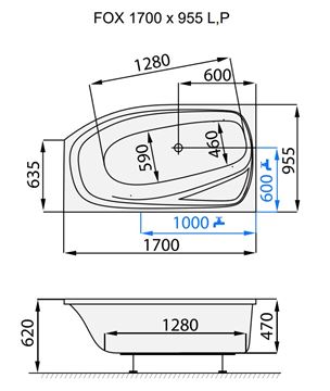 SANTECH FOX rohová vana 170x95,5 cm, bez nožiček, akrylát SAFOX170L Technický nákres