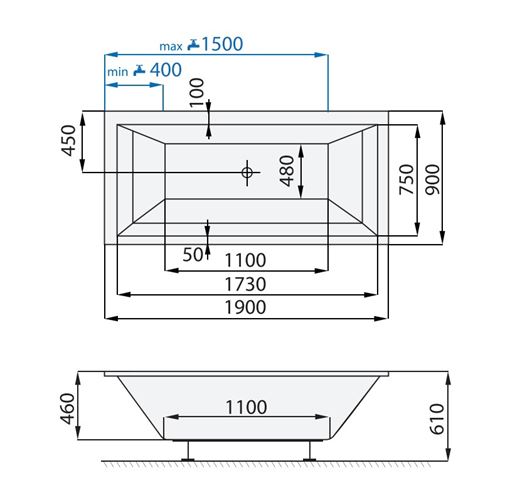 SANTECH LINEA XL vana 190x90 cm, pro 2 osoby, bez nožiček, akrylát SALIN190XL Technický nákres