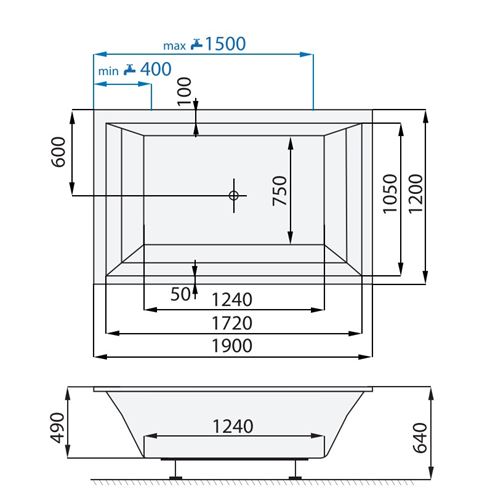 SANTECH LINEA XXL vana 190x120 cm, pro 2 osoby, bez nožiček, akrylát SALIN190XXL Technický nákres