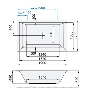 SANTECH LINEA XXL vana 190x120 cm, pro 2 osoby, bez nožiček, akrylát SALIN190XXL Technický nákres