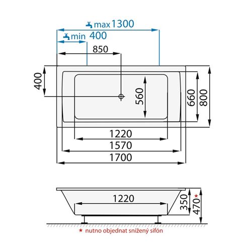 SANTECH ONE vana 170x80 cm, bez nožiček, akrylát SAONE170 Technický nákres